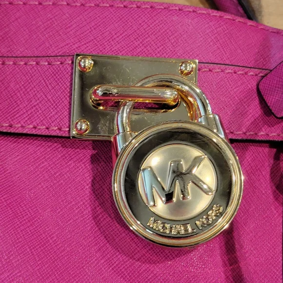 Michael Kors Hamilton Large Satchel Hot Pink Fuchsia Saffiano Leather Lock Bag